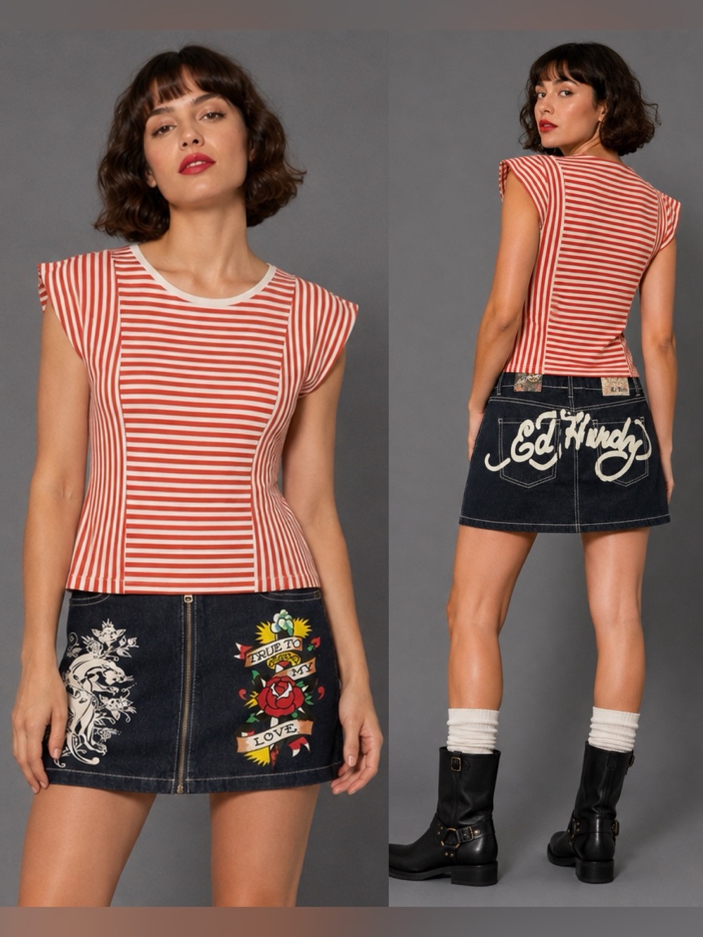 NWT Ed Hardy mini jean skirt. Panther & heart tattoo graphic, front zip. M